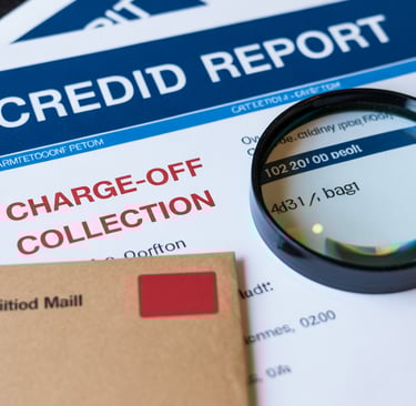 “Credit report showing past-due and charge-off accounts highlighted in red, with a magnifying glass 