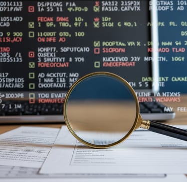 “Credit bureau computer screen showing automated dispute codes, contrasted with a magnifying glass s