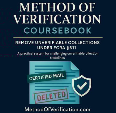 “Method of Verification coursebook cover showing certified mail and a deleted stamp under FCRA §611,