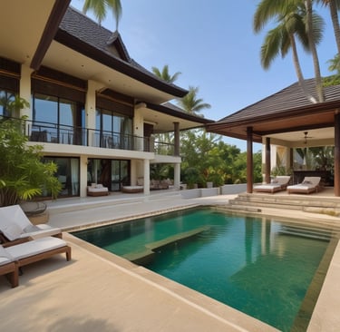 A modern villa with a pool surrounded by greenery.