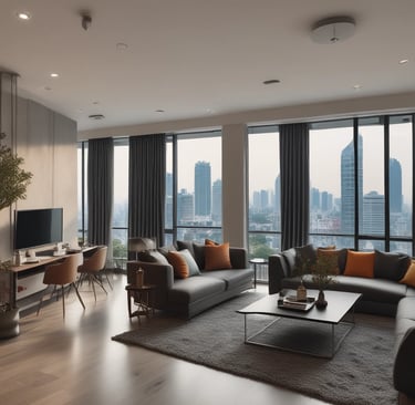 A cozy apartment with a city skyline view.