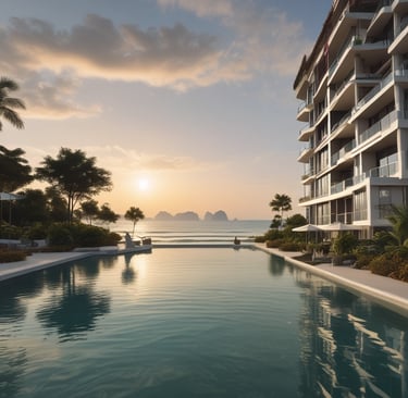 A beachfront property with palm trees and sand.