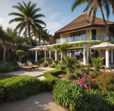 A serene beach house with ocean waves gently lapping at the shore.
