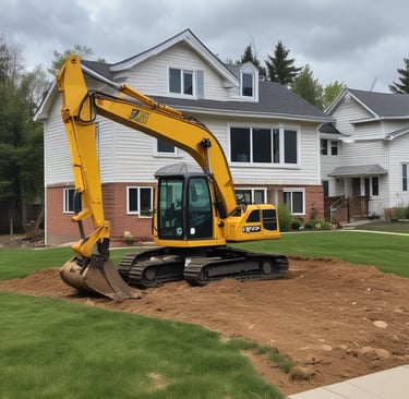 A construction site covered with blue scaffolding is visible. Several signs and banners advertising construction companies and services are attached to the scaffolding. There are details indicating restoration work being done, including contact information and project descriptions.