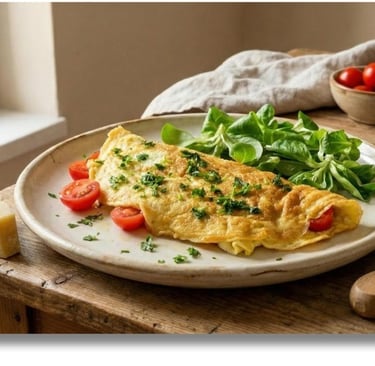 Savory omelette with aged cheese and Parma ham — simple, protein-rich Mediterranean breakfast.
