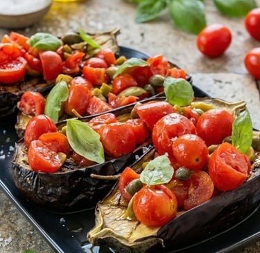Vegetarian Eggplant bruschetta - with tomatoes and olives