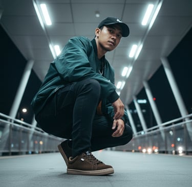 Pria mengenakan jaket hijau dan sepatu sneaker coklat berpose di jembatan kota pada malam hari, gaya streetwear modern.