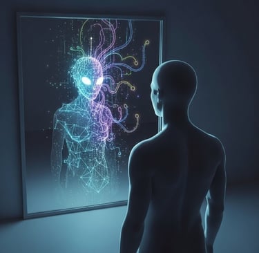 Person facing a glowing digital self, symbolizing human–AI convergence and emerging intelligence.