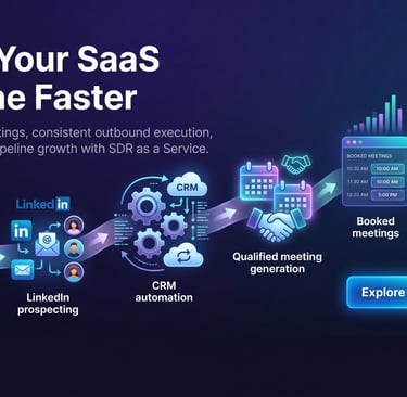 Diagram showing SaaS pipeline growth via SDR as a Service, including cold email, CRM automation, and booked meetings.
