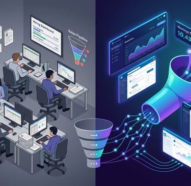 Isometric illustration comparing manual SDR team workflows with automated digital sales funnel data analytics.