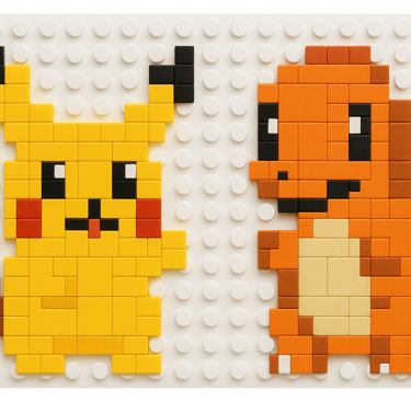 Salamèche et Pikatchu se regarde sur une moasaique LEGO