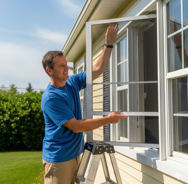 a man in a blue shirt is standing on a ladder putting a window screen on