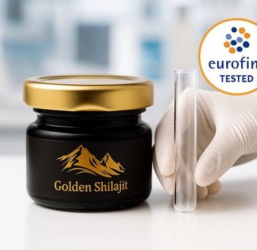 a person in gloves holding a jar of golden shilajit eurofin