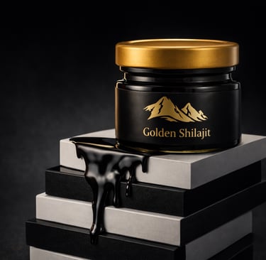 Golden Shilajit resin dripping from a premium black jar on a modern display stand.