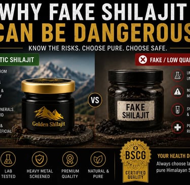 Comparison infographic between pure authentic Himalayan shilajit resin and dangerous fake shilajit.