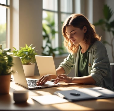 a woman sitting at a desk with a laptop and a notebook
