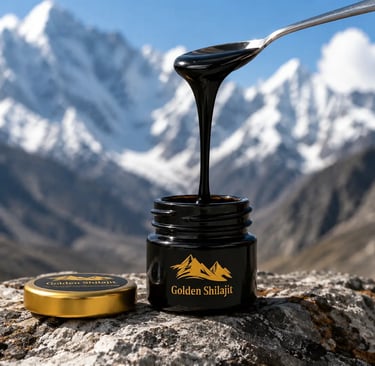 Golden Shilajit resin dripping from a spoon into a jar with a snowy Himalayan mountain background.