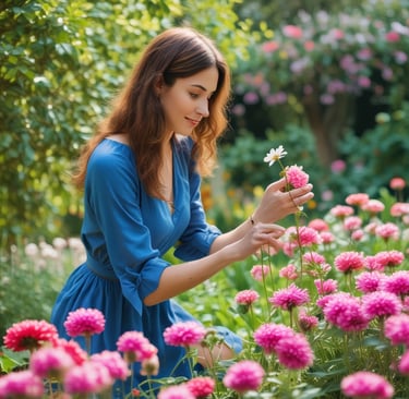 woman pinching flowers in garden