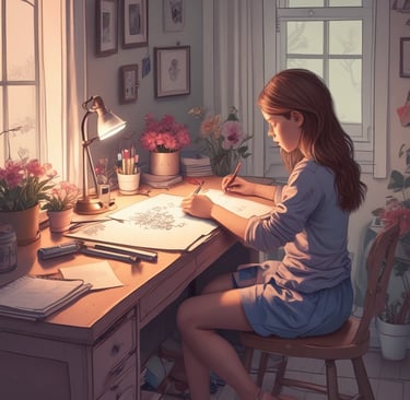 girl sat at bedroom desk drawing flowers