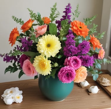 beautiful yellow, orange and purple flowers on display