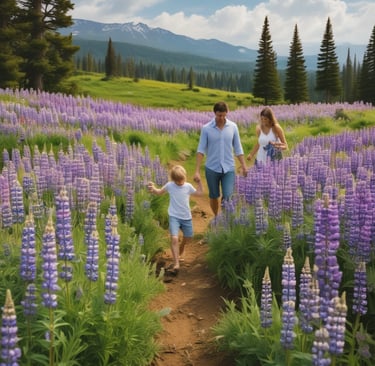 happy family walking through field of lupine flowers