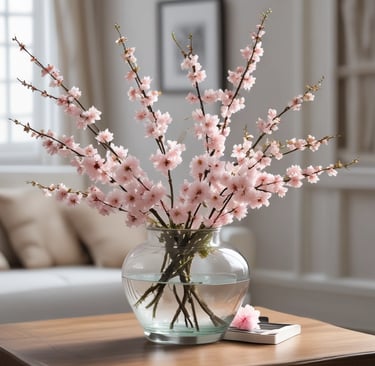 pink cherry blossoms in glass jar in home