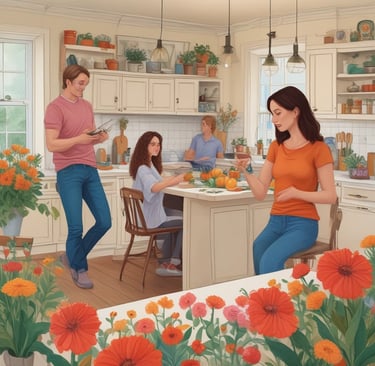 family in kitchen while somone draws flowers