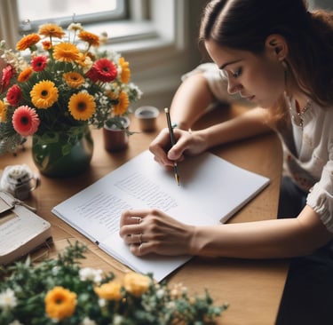 woman sat at desk writing in notebook