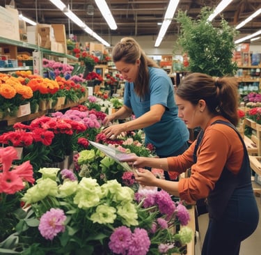 women working at trader joes flowers