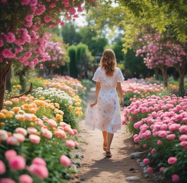 woman walking down a path in beautiful flower garden