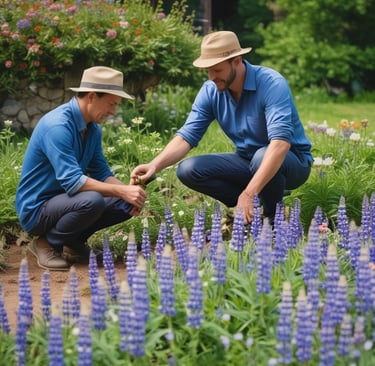 gardeners checking lupine flowers in garden