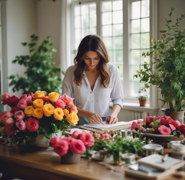 woman staniing and reading from notes in notebook with flowers nearby