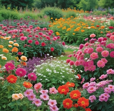 flowers of all types in lovely garden
