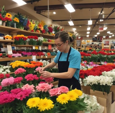 woman arranging floral designs at trader joes