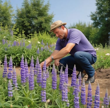 man in garden planting flowers with lupine flowers all around