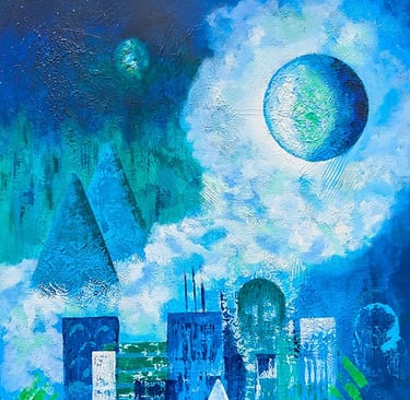 Blue, green, whlte cityscape and mountains abstract