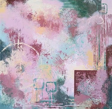 Textured abstract in pinks, greens, and buttery yellow