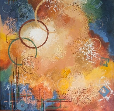 abstract textured painting in sienna, blue and green