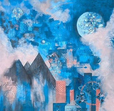 Abstract city-scape in blues, peach, and cream