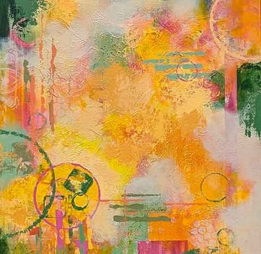 yellow, pink, and green textured abstract painting