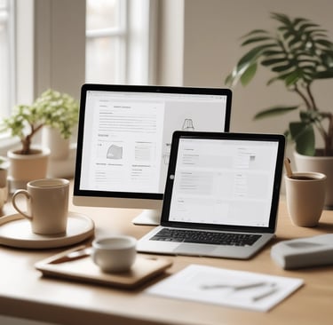 Minimalist digital workspace with a laptop displaying a Notion daily routine template, surrounded by