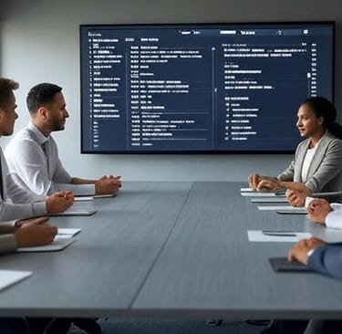 A business team in a meeting room using a large screen with a Notion project tracker showing tasks, 