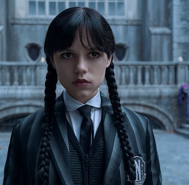 Jenna Ortega as Wednesday Addams in Season 2, wearing her signature braids and striped uniform, stan