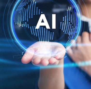 En hand håller fram en blå digital jordglob med texten AI i vitt.