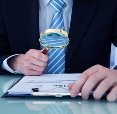 En man i kostym ser på ett avtal med ett förstoringsglas