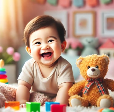 a baby smiling and laughing while sitting on a blanket