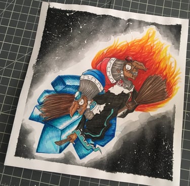 water color and marker drawing of Kotake and Koume from Legend of Zelda Ocarina of time.