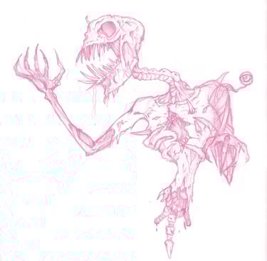 A drawing of a monster. horror creature are. Teeth, bones, claws, gore.