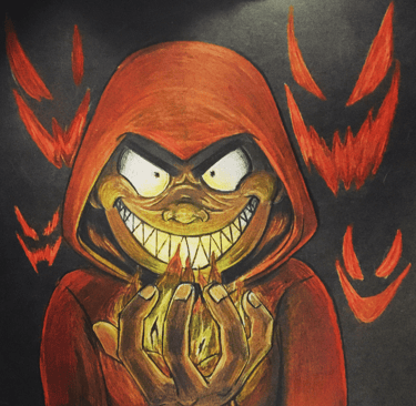 a drawing of a cartoon man with a red hoodie holding fire. with demons in the background.
