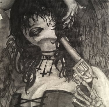 charcoal drawing of a tortured angel ready to end her llife